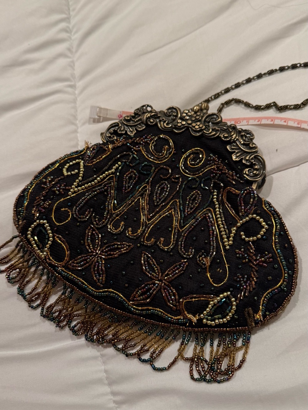Ornate Black Beaded Evening Crossbody with Silver Frame